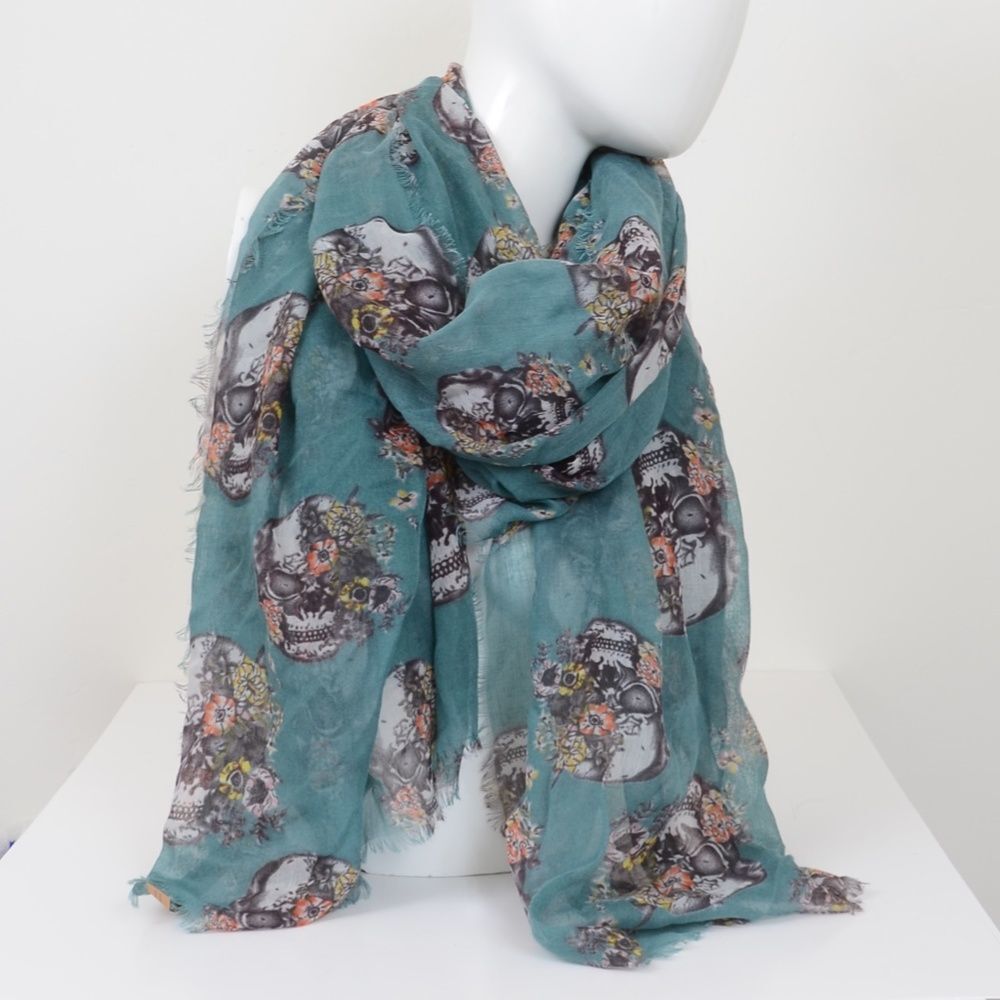 Skull Scarf Green Floral Skeleton Shawl 45" X 74" Whimsigoth Dark Fairy Goth NEW